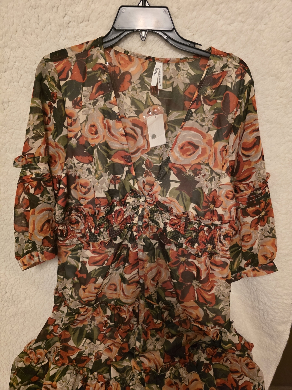 Floral V-Neck Tiered Dress in Orange and Green